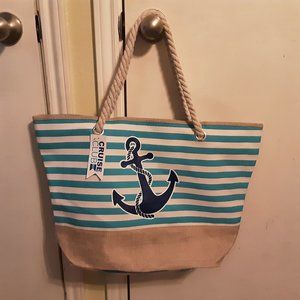 NWT Cruise Club Canvas Striped Tote with Anchor graphic